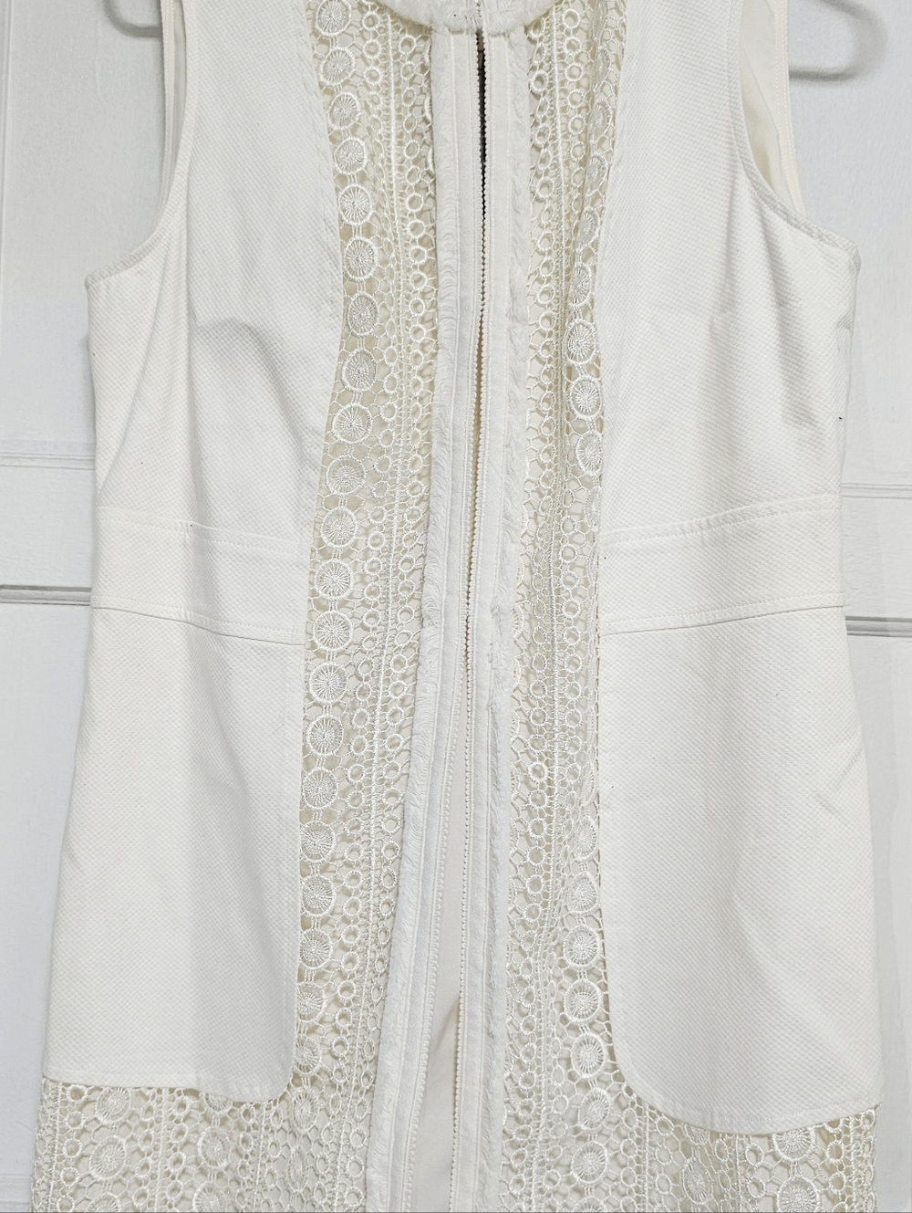 Chico's White Sleeveless Crochet-Trim Zip-Front Jumpsuit
